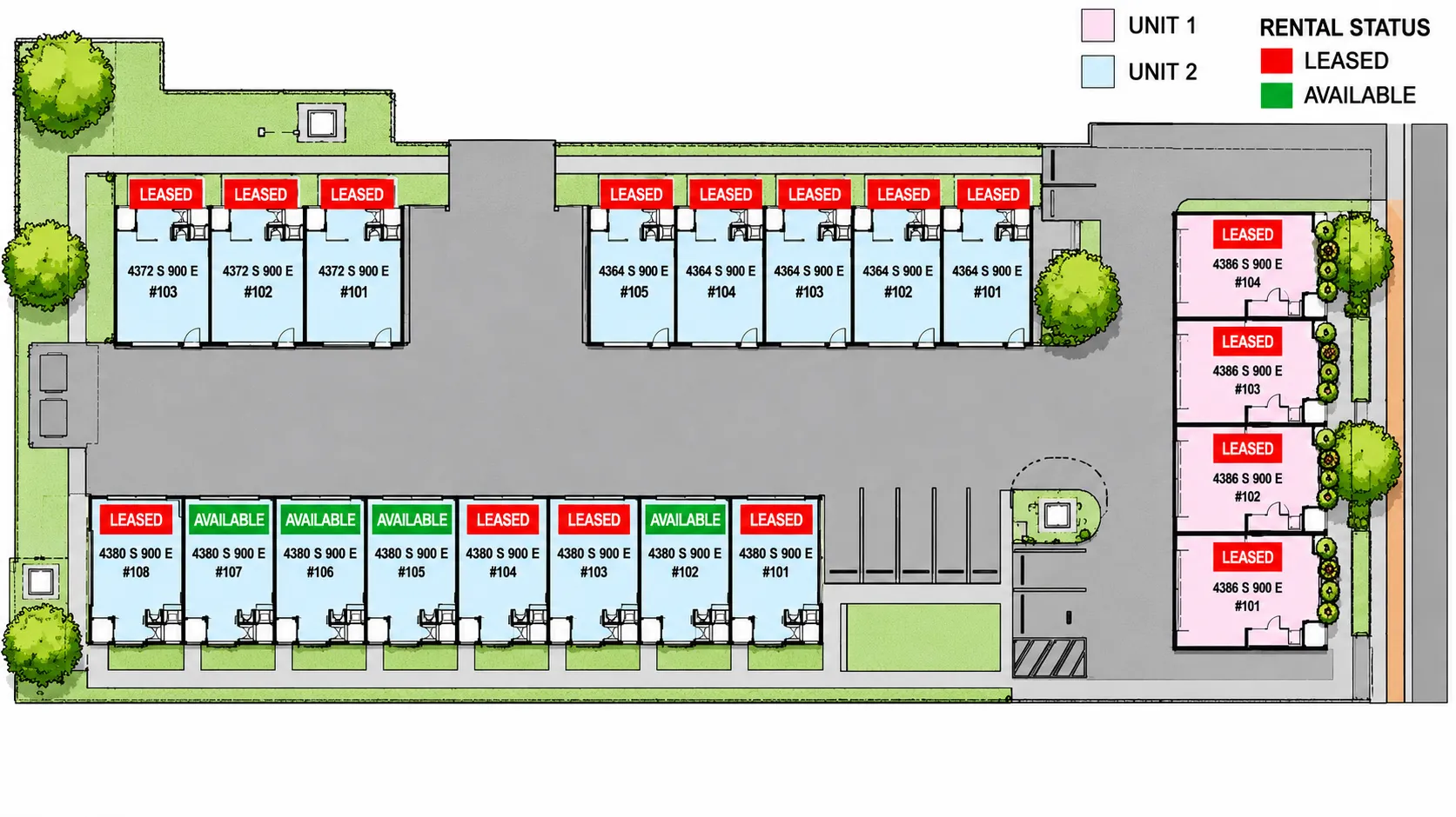 Color-coded site plan of the Quincy Townhomes community: each unit is labeled by address and number and marked green for available or red for leased