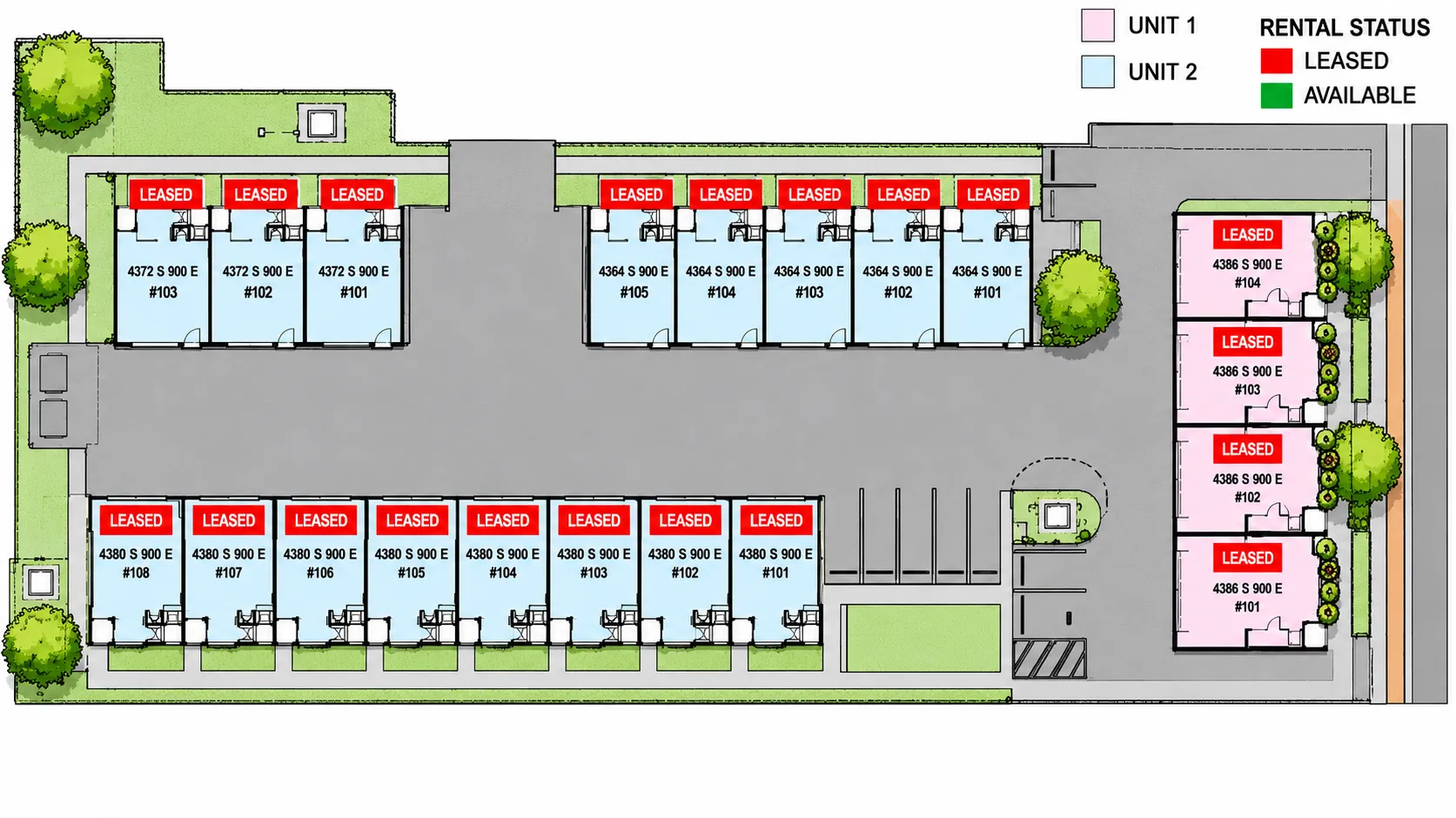 Color-coded site plan of the Quincy Townhomes community: each unit is labeled by address and number and marked by floorplan type and lease status