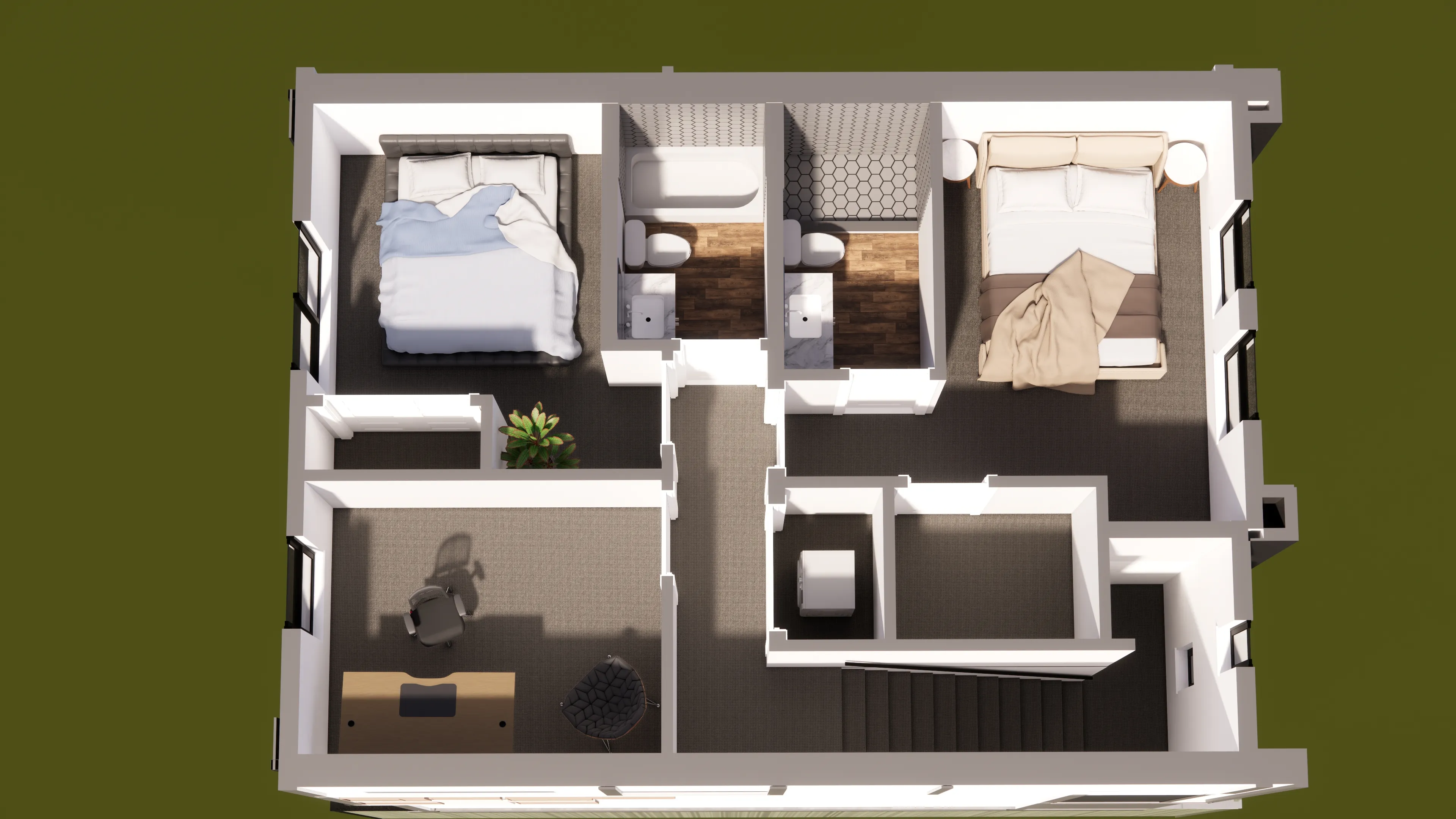 Level 3 floorplan showing the three upstairs bedrooms, bathrooms, and laundry