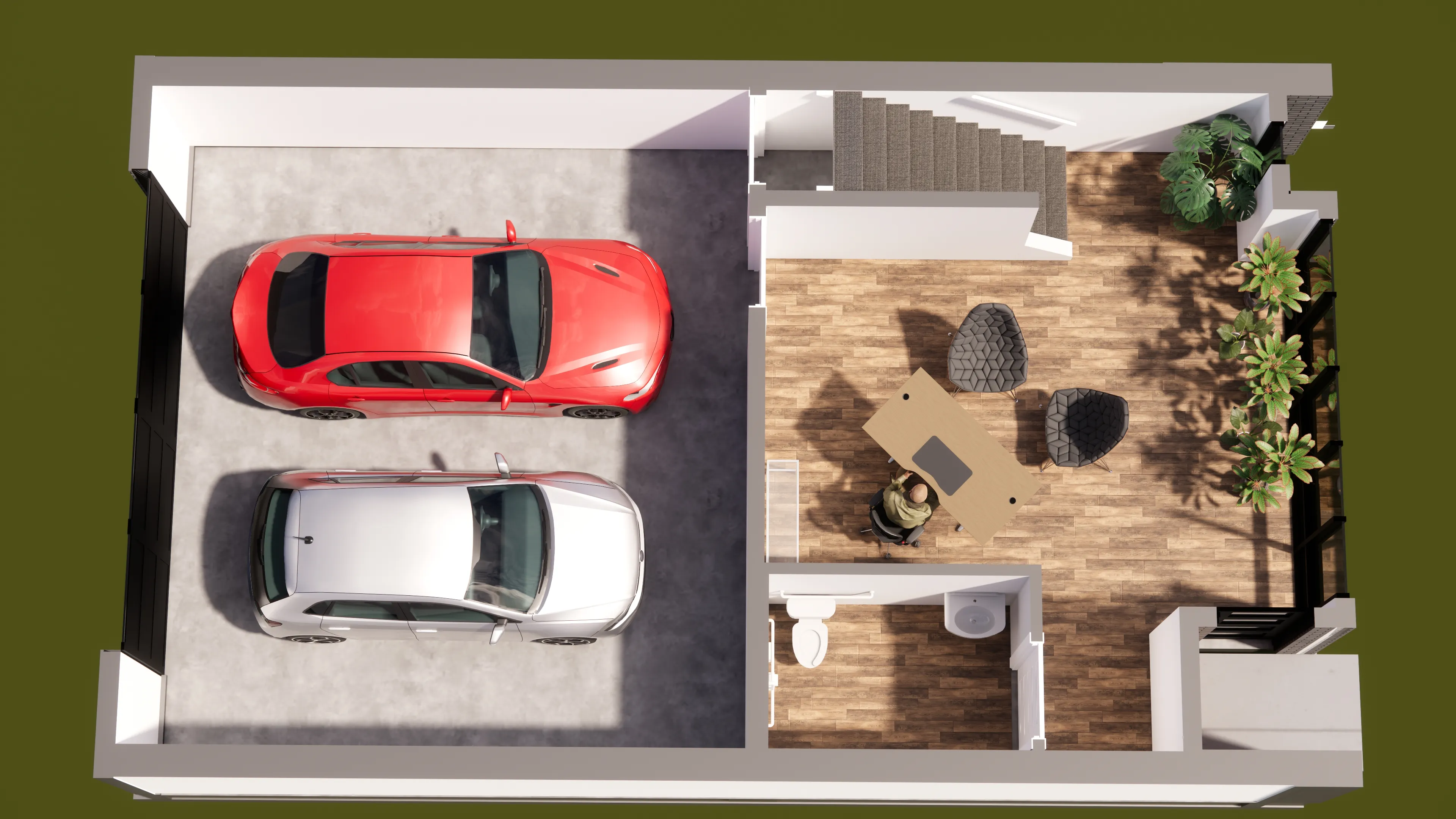 Unit 1, Level 1 floorplan: attached two-car garage with an entry flex space and a half bath