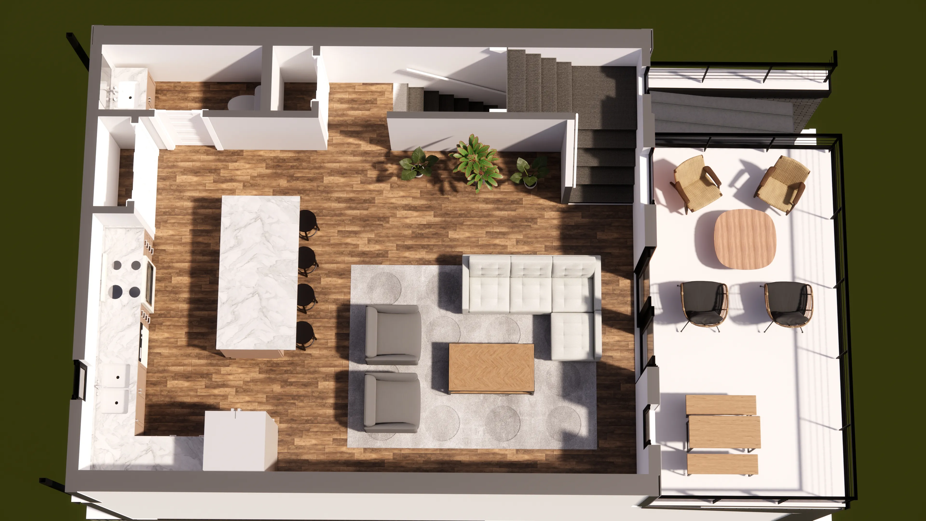 Unit 1, Level 2 floorplan: open kitchen, living, and dining opening to a covered balcony